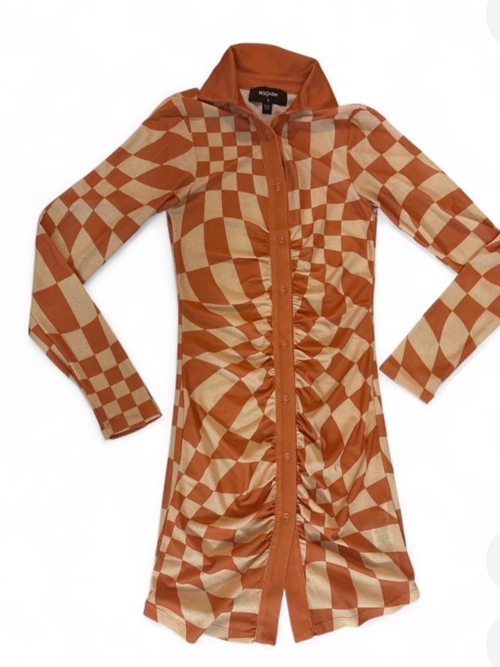 Orange Checkerboard Ruched Button-Front Long Sleeve Semi-Sheer Dress